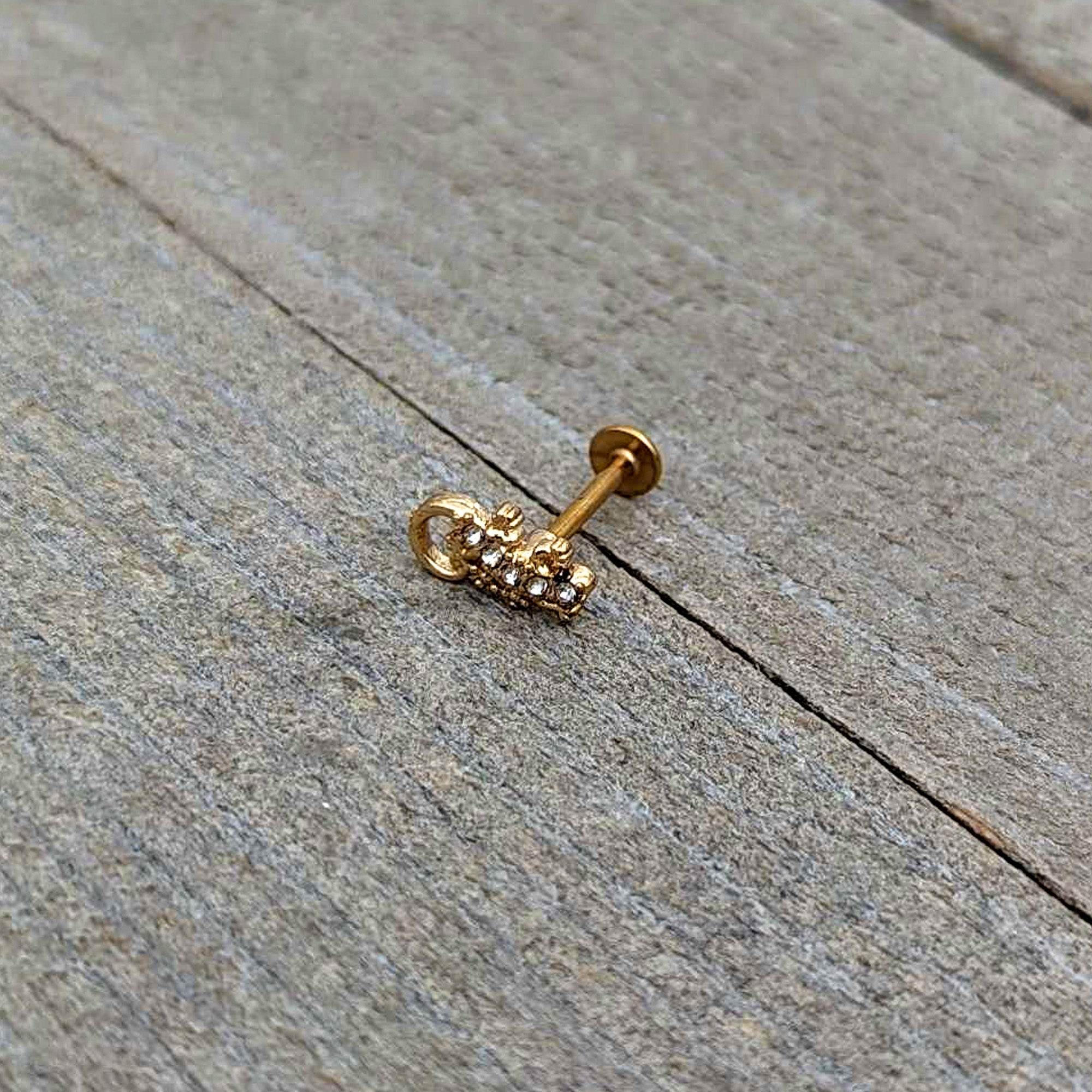 BodyCandy 16G 5/16 Clear Gem Gold Tone Luscious Lizard Labret Monroe Tragus — in-use photo
