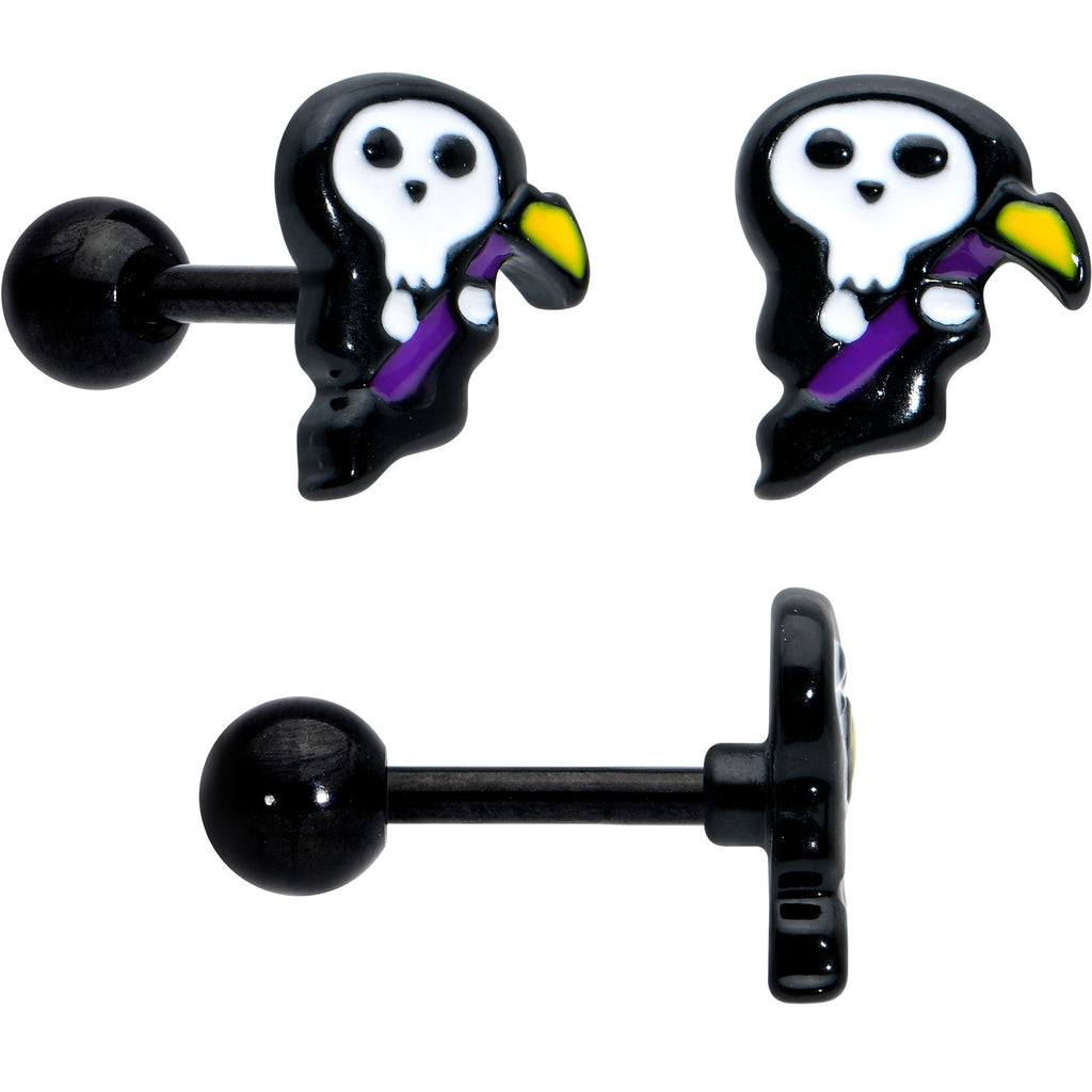 BodyCandy 16G 1/4 Black Halloween Skull Bat Reaper Cartilage Earring Set of 3 — detail close-up