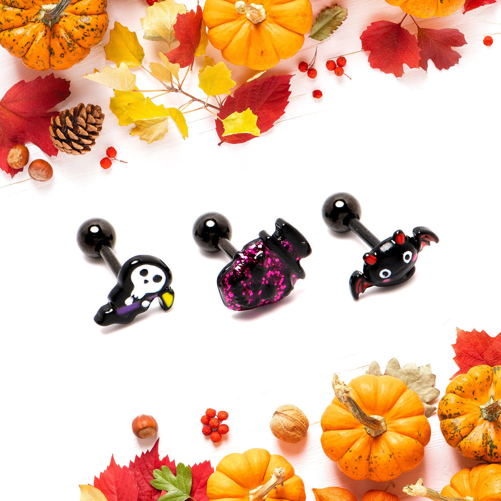 BodyCandy 16G 1/4 Black Halloween Skull Bat Reaper Cartilage Earring Set of 3 — alternative angle
