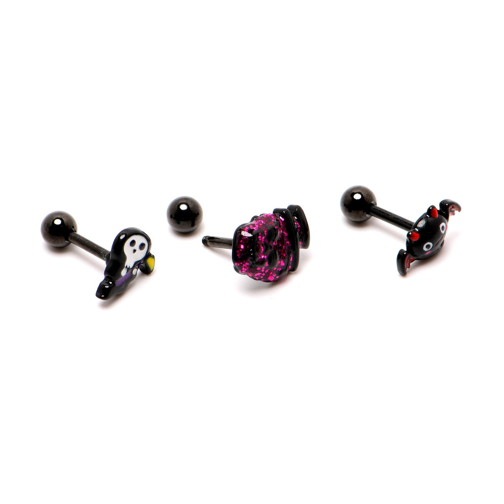 BodyCandy 16G 1/4 Black Halloween Skull Bat Reaper Cartilage Earring Set of 3 — in-use photo