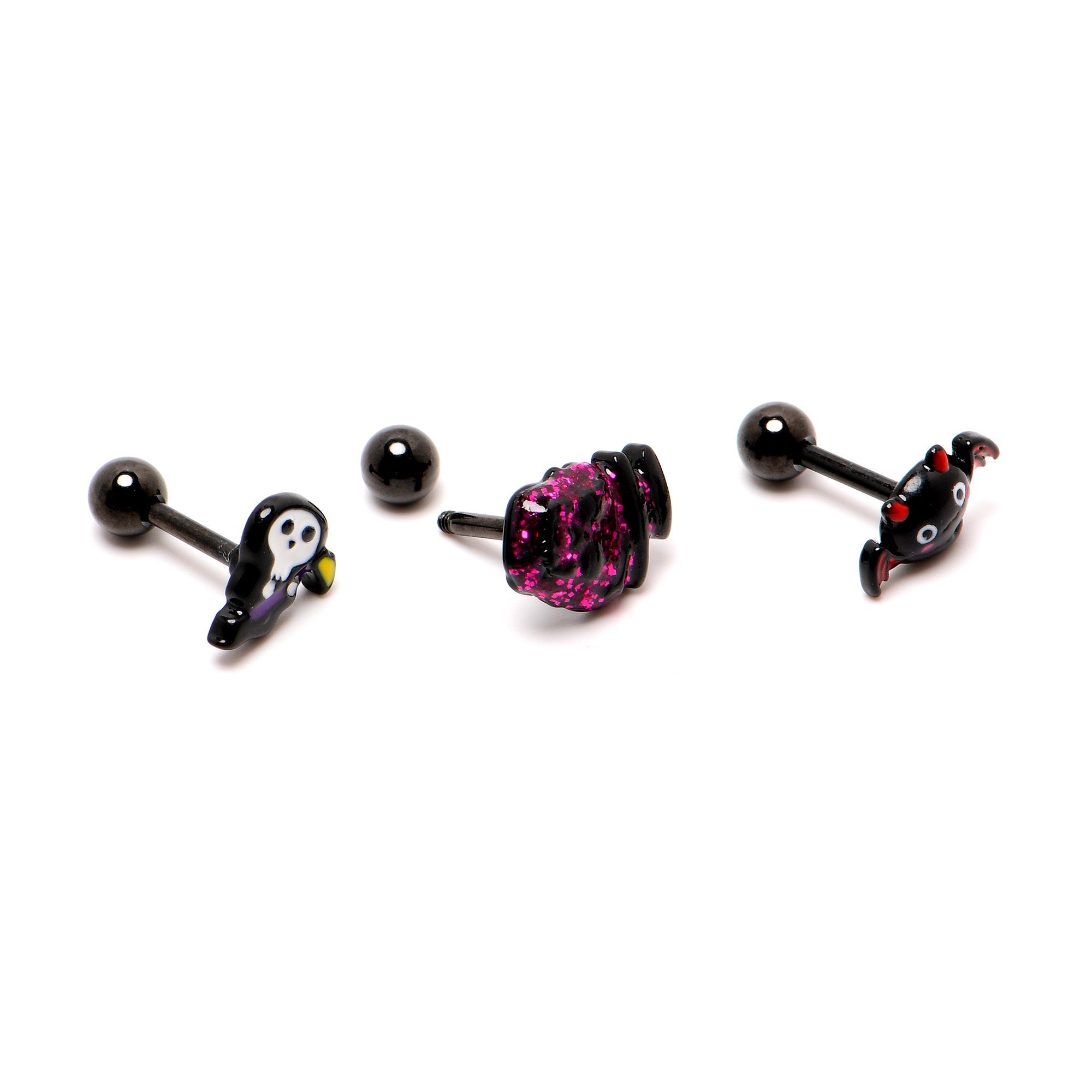 BodyCandy 16G 1/4 Black Halloween Skull Bat Reaper Cartilage Earring Set of 3 — in-use photo