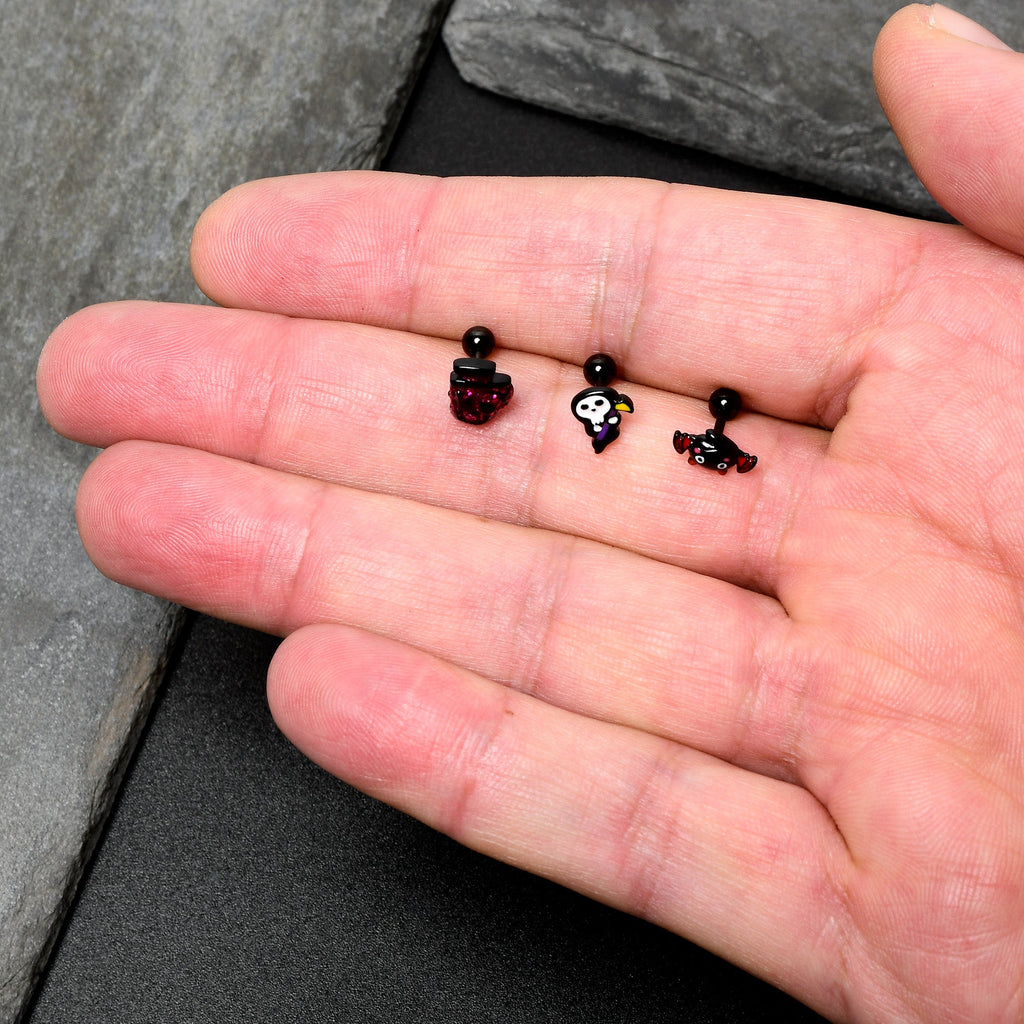 BodyCandy 16G 1/4 Black Halloween Skull Bat Reaper Cartilage Earring Set of 3 — size reference