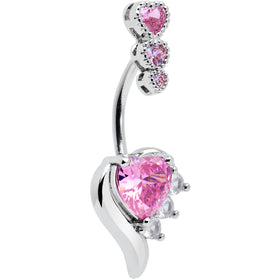 Pink CZ Gem Triple Drop Flare Heart Valentine Double Mount Belly Ring