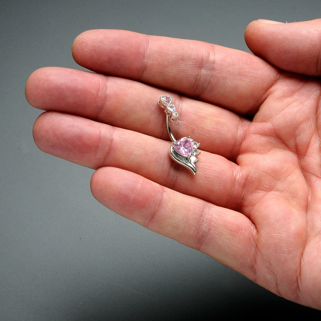 BodyCandy Pink CZ Gem Triple Drop Flare Heart Valentine Double Mount Belly Ring — detail close-up
