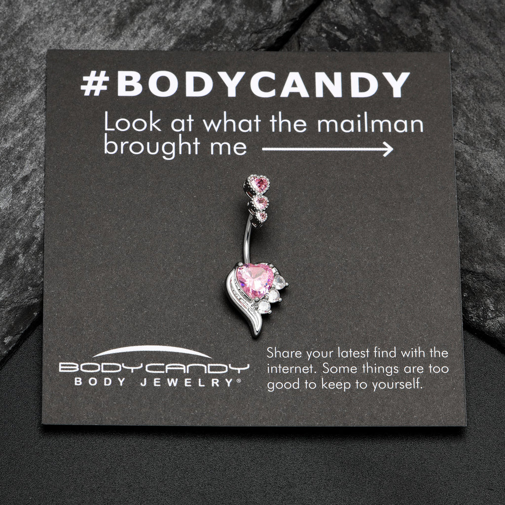 BodyCandy Pink CZ Gem Triple Drop Flare Heart Valentine Double Mount Belly Ring — side view