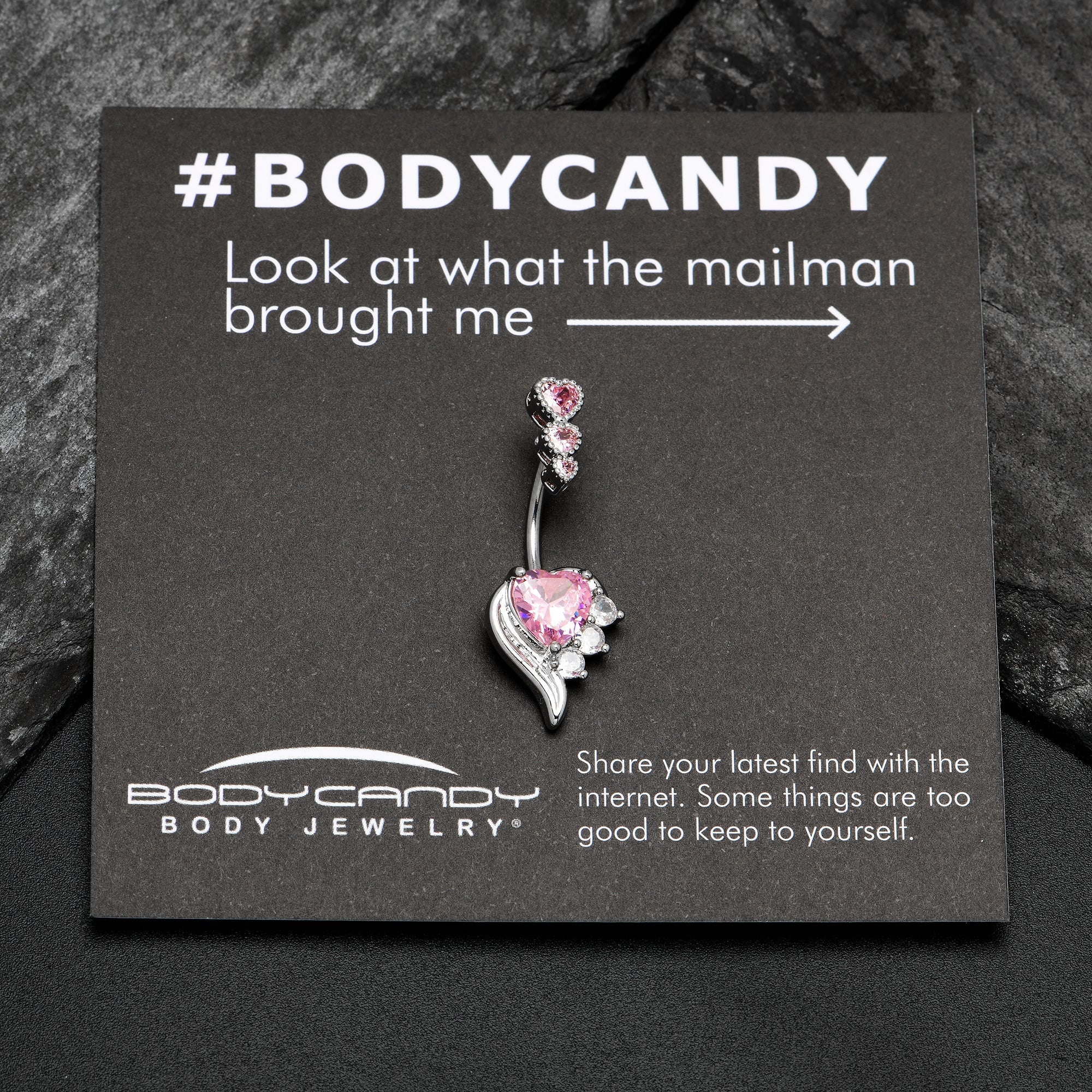 BodyCandy Pink CZ Gem Triple Drop Flare Heart Valentine Double Mount Belly Ring — side view