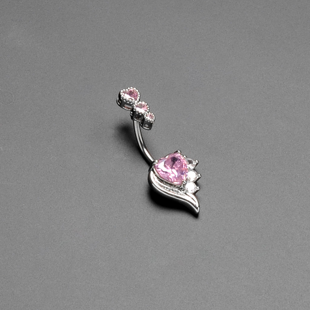 BodyCandy Pink CZ Gem Triple Drop Flare Heart Valentine Double Mount Belly Ring — back view