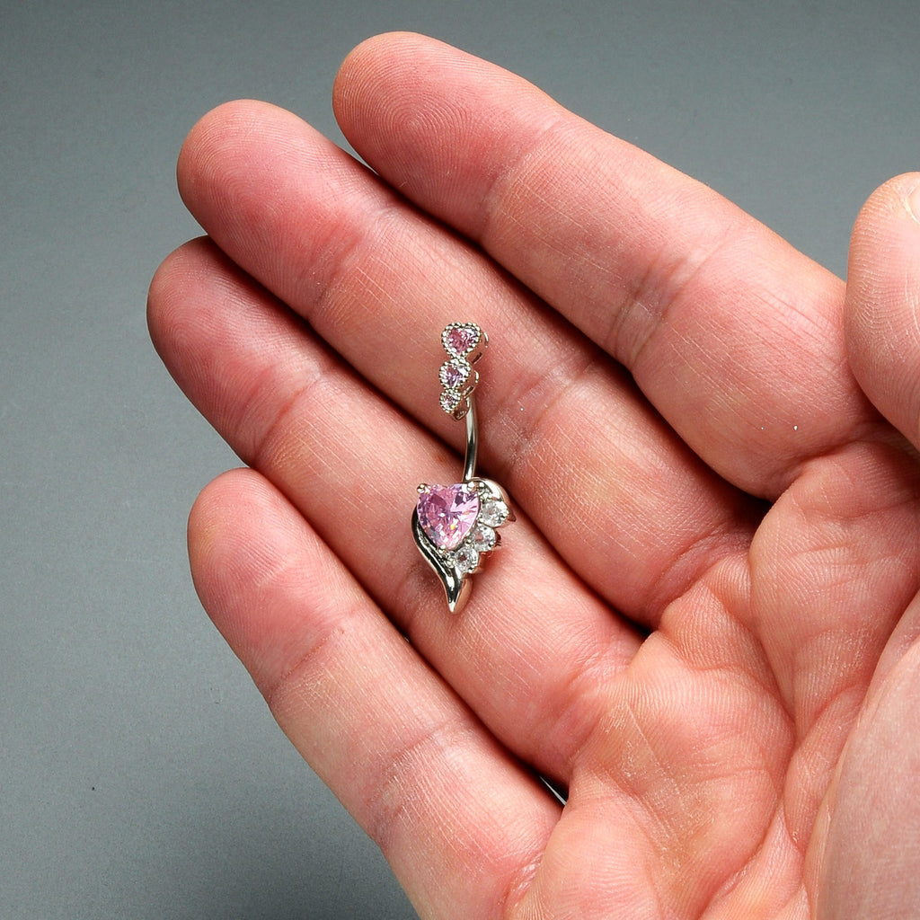 BodyCandy Pink CZ Gem Triple Drop Flare Heart Valentine Double Mount Belly Ring — alternative angle
