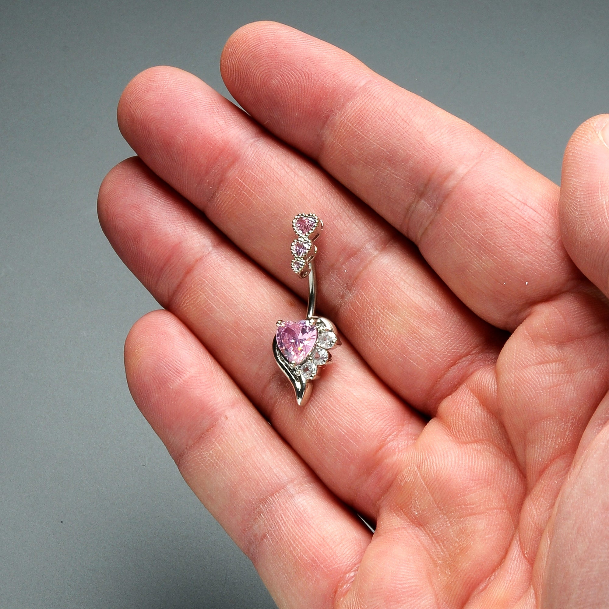 BodyCandy Pink CZ Gem Triple Drop Flare Heart Valentine Double Mount Belly Ring — alternative angle