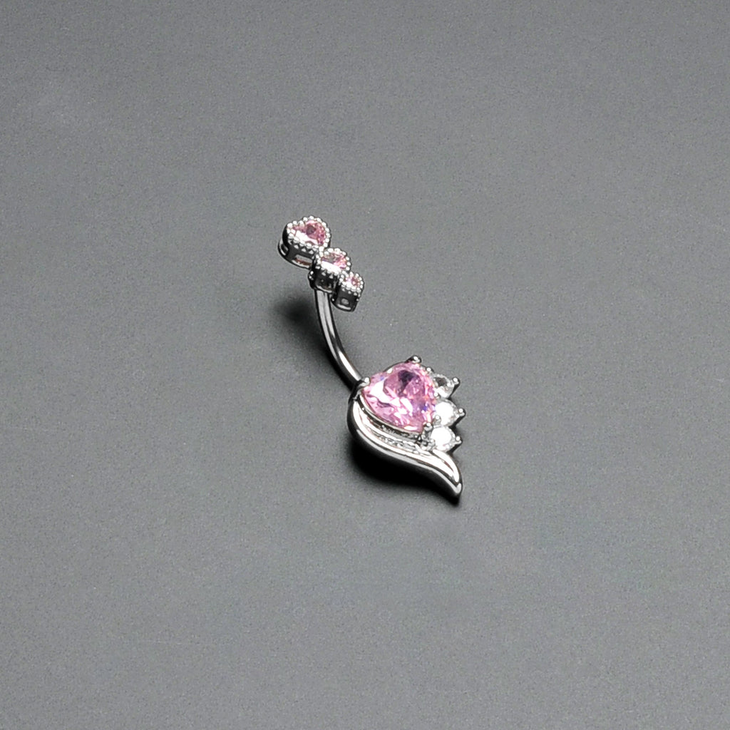 BodyCandy Pink CZ Gem Triple Drop Flare Heart Valentine Double Mount Belly Ring — in-use photo