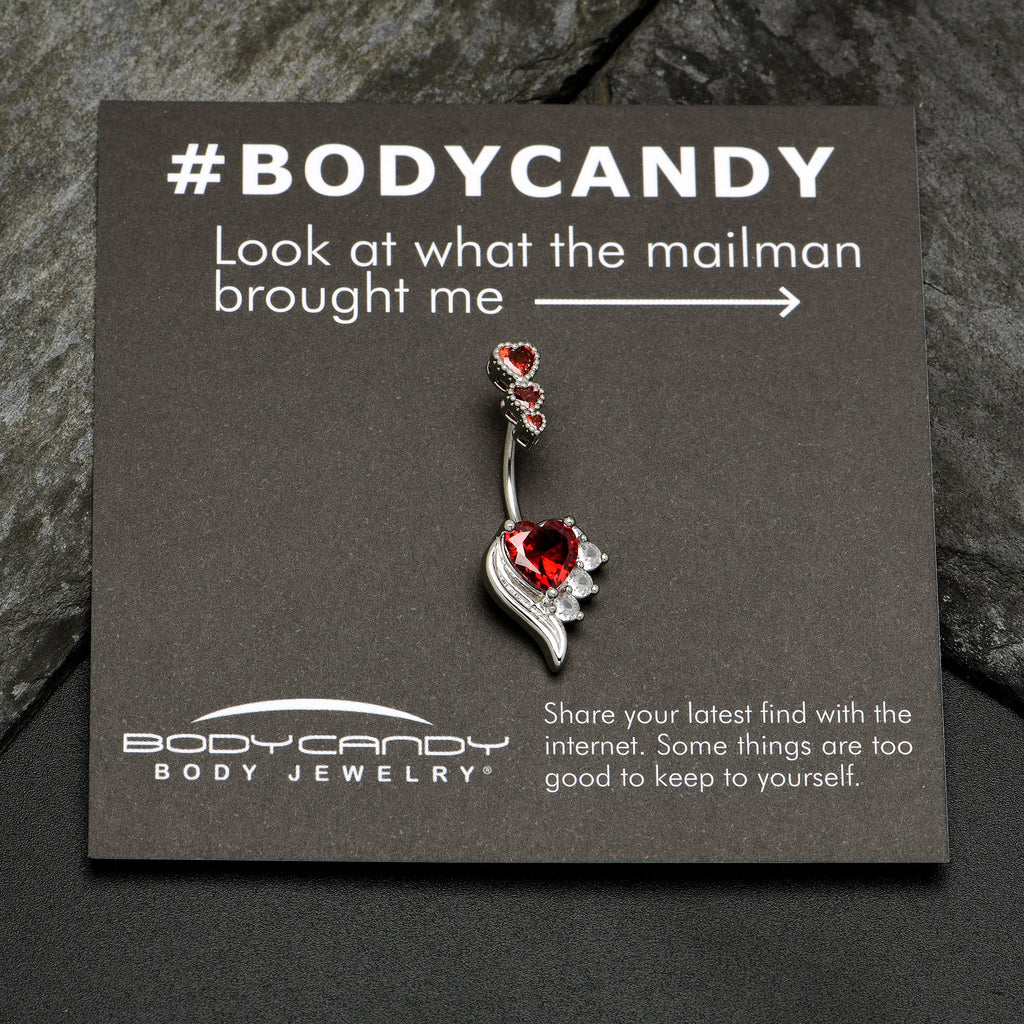 BodyCandy Red CZ Gem Triple Drop Flare Heart Valentine Double Mount Belly Ring — side view