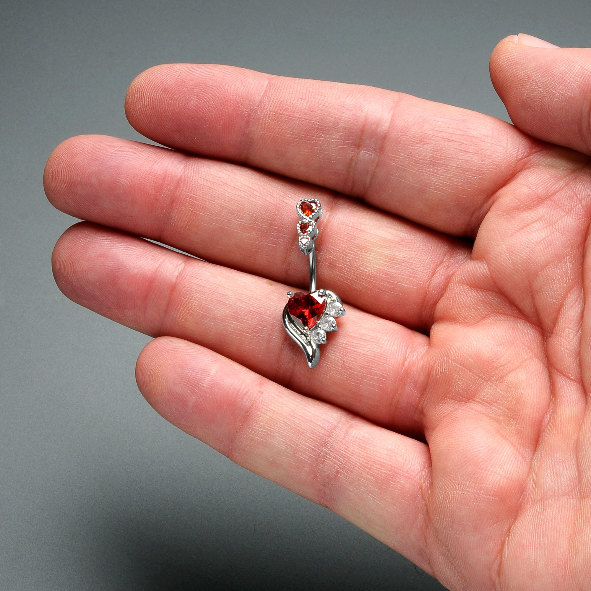 BodyCandy Red CZ Gem Triple Drop Flare Heart Valentine Double Mount Belly Ring — alternative angle