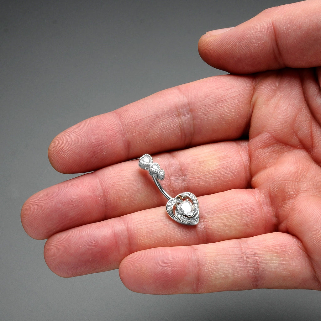 BodyCandy Clear CZ Gem Triple Drop Swirl Heart Valentine Double Mount Belly Ring — detail close-up