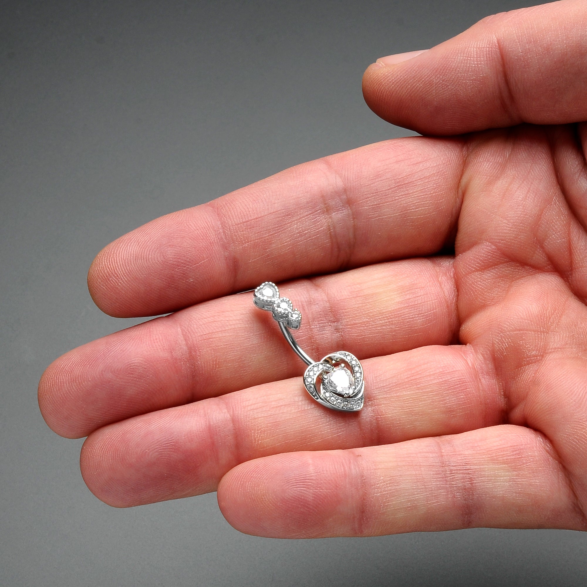 BodyCandy Clear CZ Gem Triple Drop Swirl Heart Valentine Double Mount Belly Ring — detail close-up