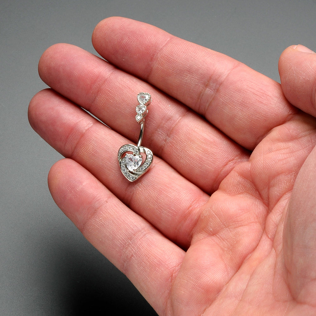 BodyCandy Clear CZ Gem Triple Drop Swirl Heart Valentine Double Mount Belly Ring — back view