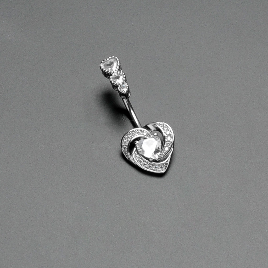 BodyCandy Clear CZ Gem Triple Drop Swirl Heart Valentine Double Mount Belly Ring — in-use photo
