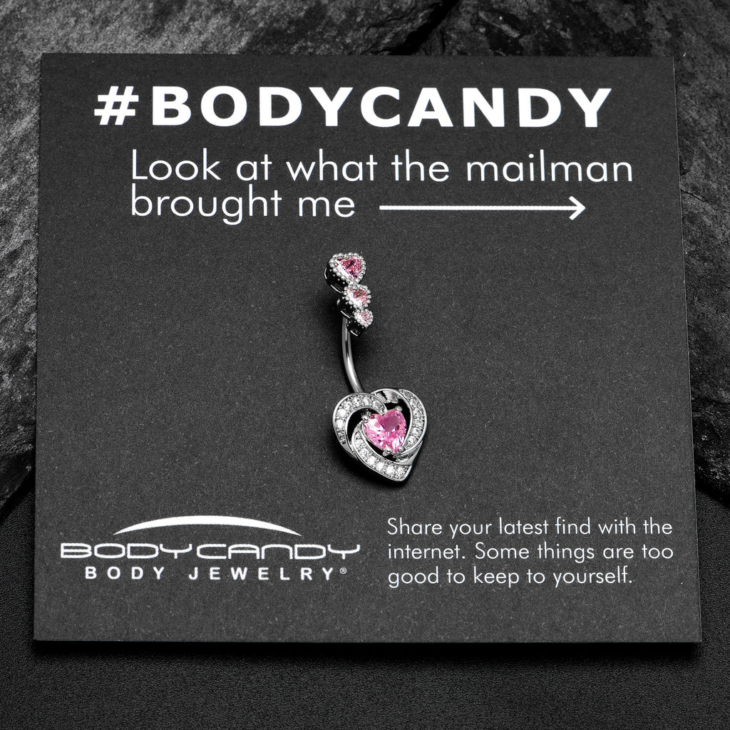 BodyCandy Pink CZ Gem Triple Drop Swirl Heart Valentine Double Mount Belly Ring — side view