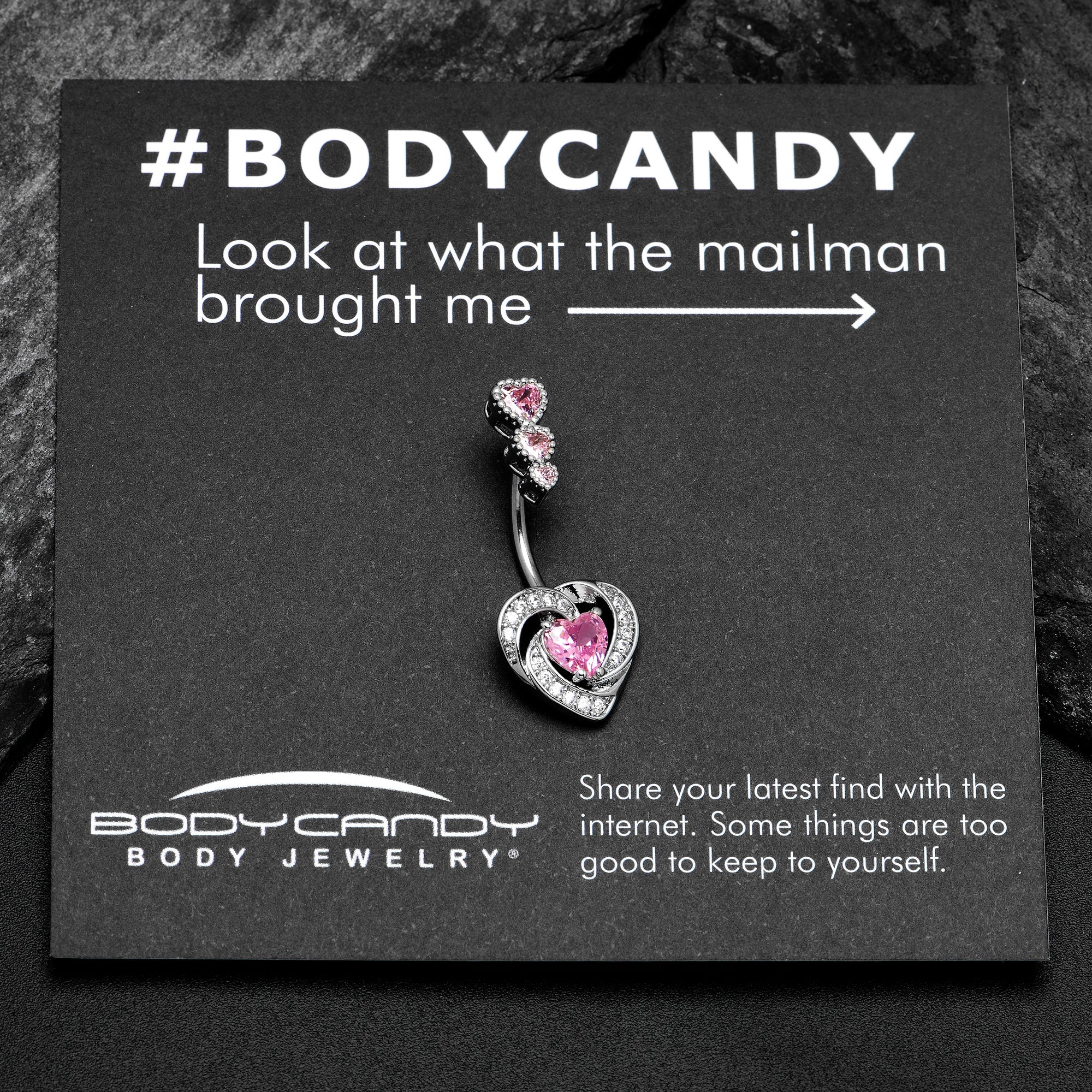 BodyCandy Pink CZ Gem Triple Drop Swirl Heart Valentine Double Mount Belly Ring — side view