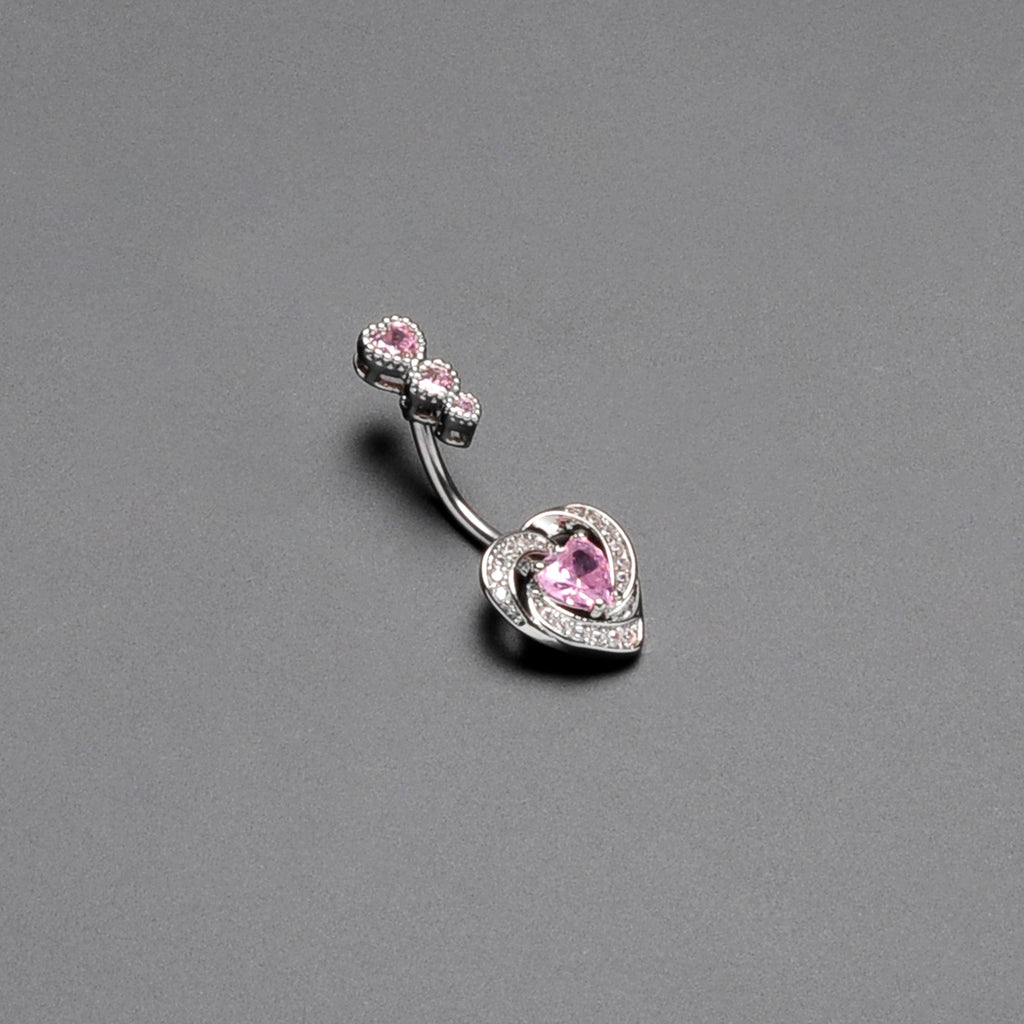 BodyCandy Pink CZ Gem Triple Drop Swirl Heart Valentine Double Mount Belly Ring — back view