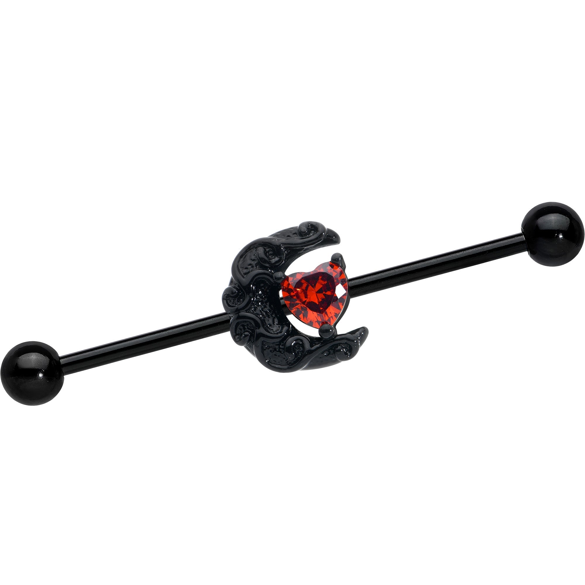 BodyCandy 14G Red CZ Gem Black Scroll Moon Heart Industrial Barbell 38mm — main product shot