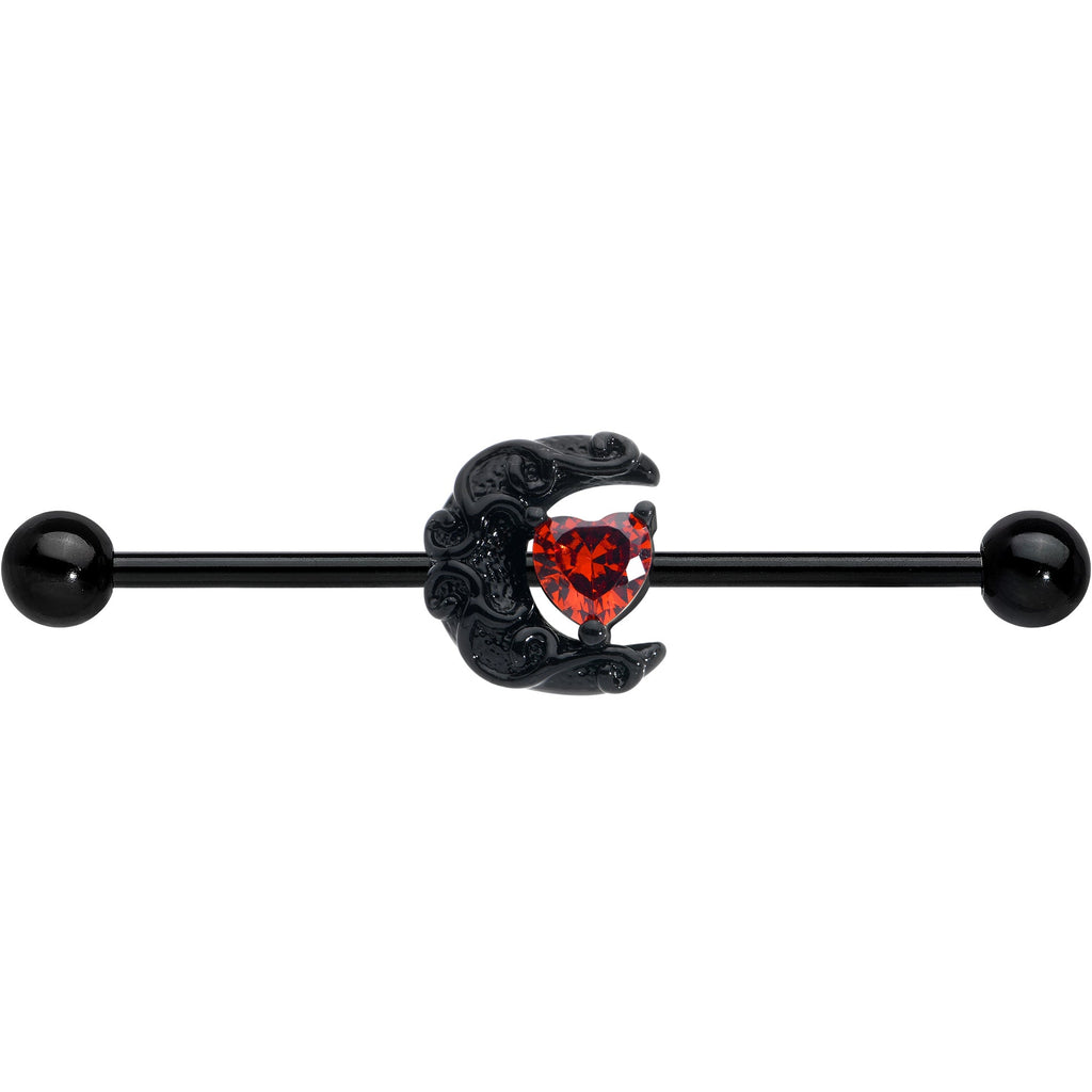 BodyCandy 14G Red CZ Gem Black Scroll Moon Heart Industrial Barbell 38mm — detail close-up