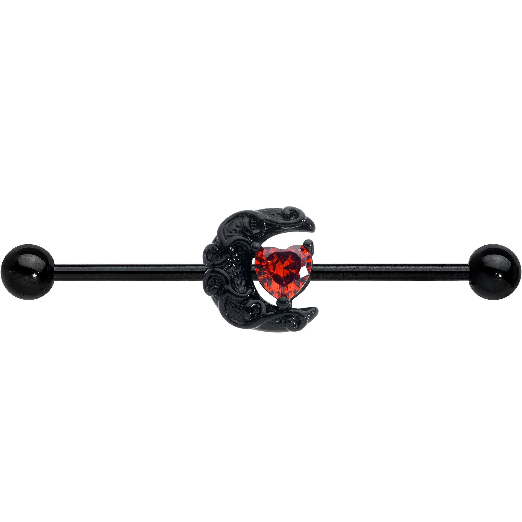 BodyCandy 14G Red CZ Gem Black Scroll Moon Heart Industrial Barbell 38mm — detail close-up