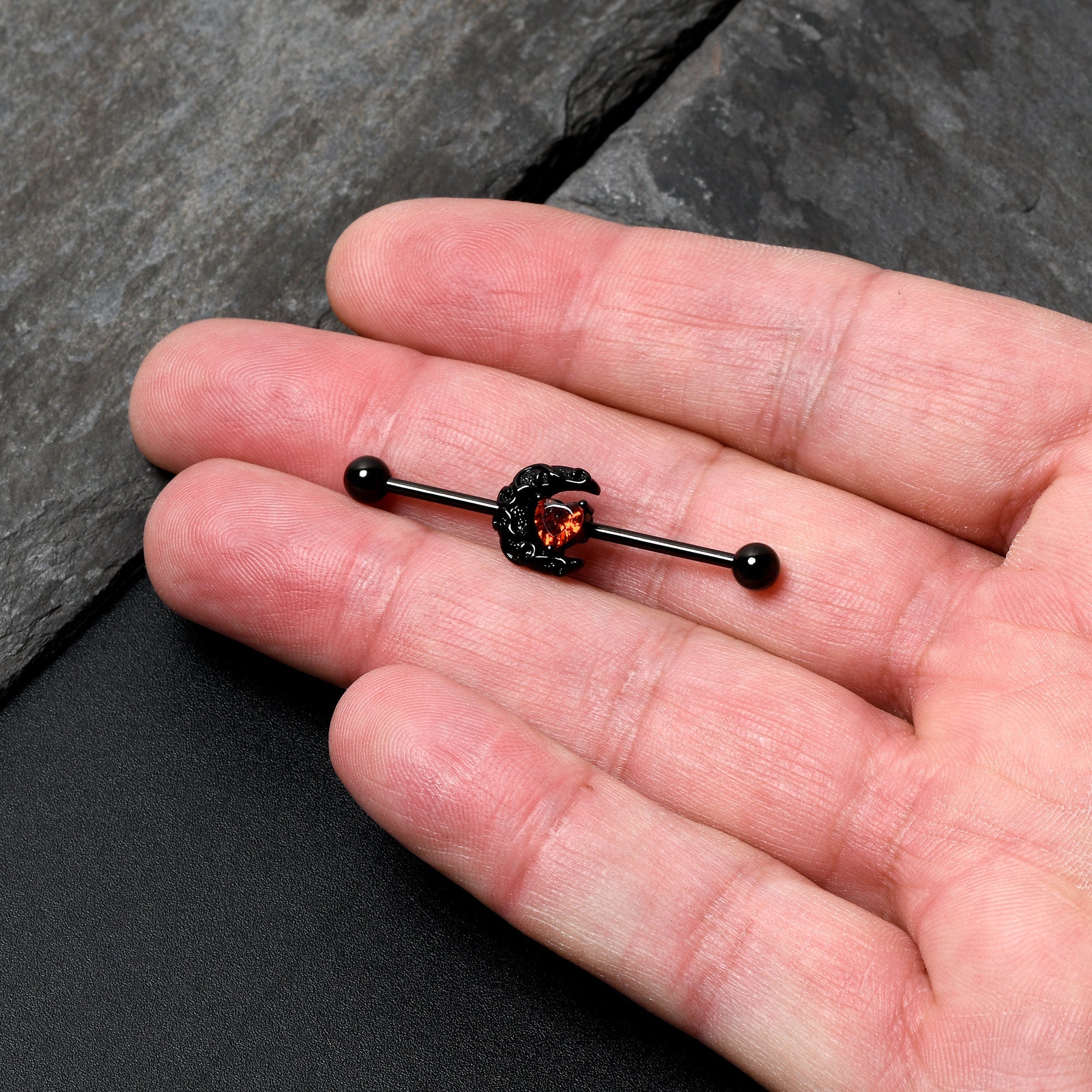 BodyCandy 14G Red CZ Gem Black Scroll Moon Heart Industrial Barbell 38mm — lifestyle context
