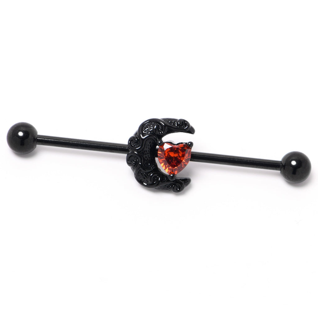 BodyCandy 14G Red CZ Gem Black Scroll Moon Heart Industrial Barbell 38mm — side view