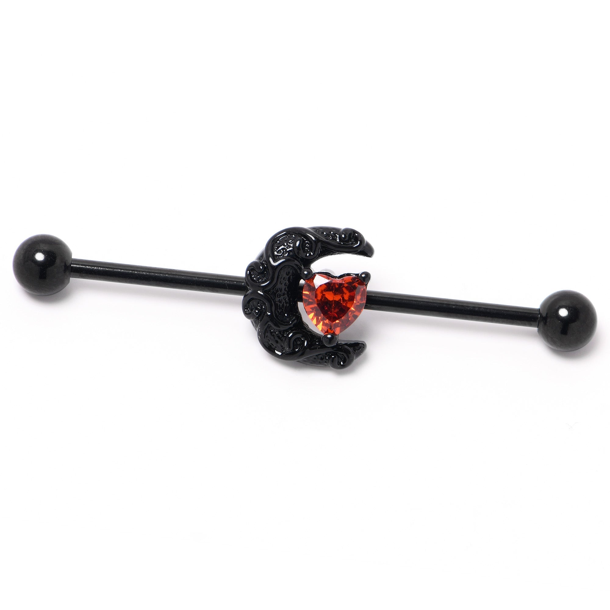 BodyCandy 14G Red CZ Gem Black Scroll Moon Heart Industrial Barbell 38mm — side view