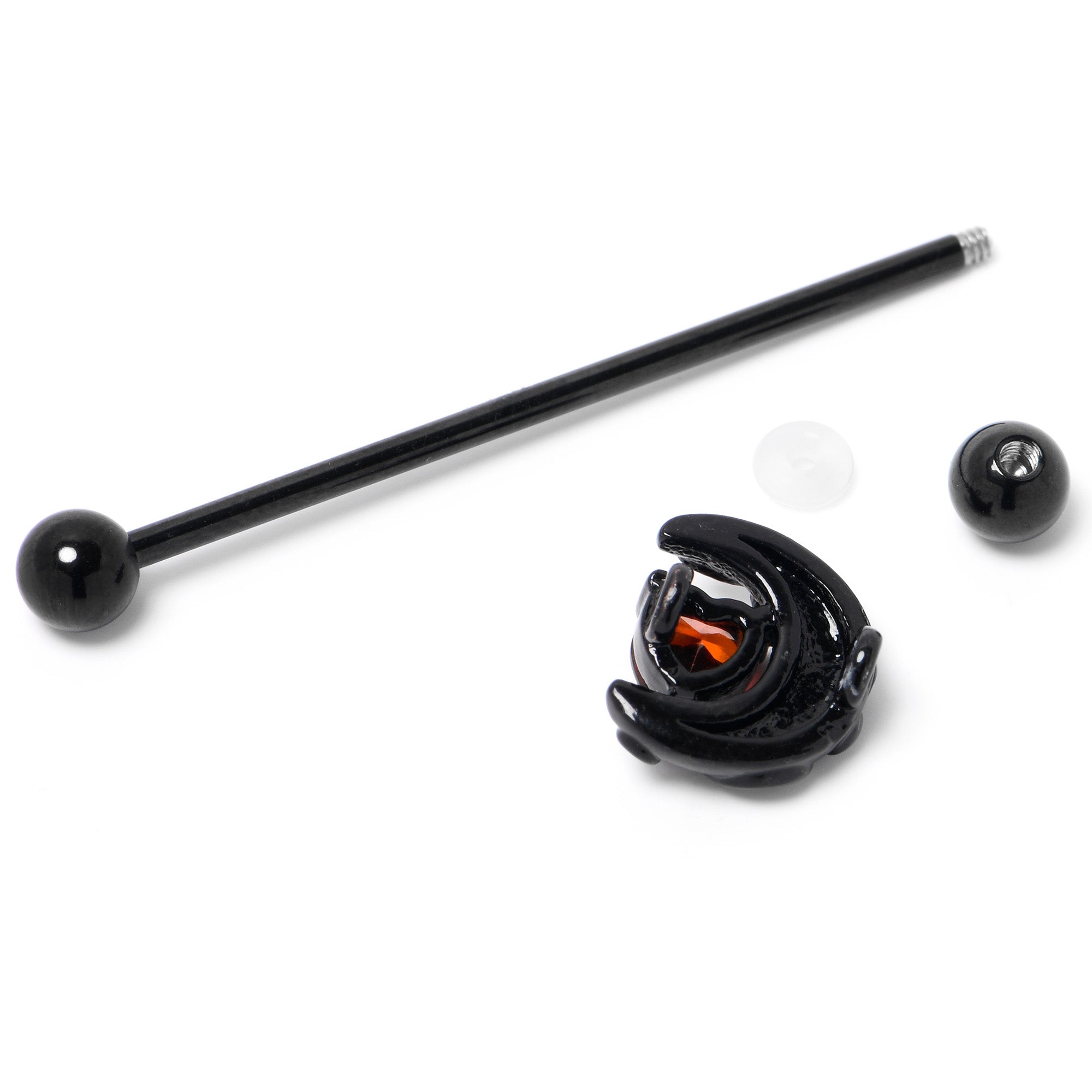 BodyCandy 14G Red CZ Gem Black Scroll Moon Heart Industrial Barbell 38mm — back view