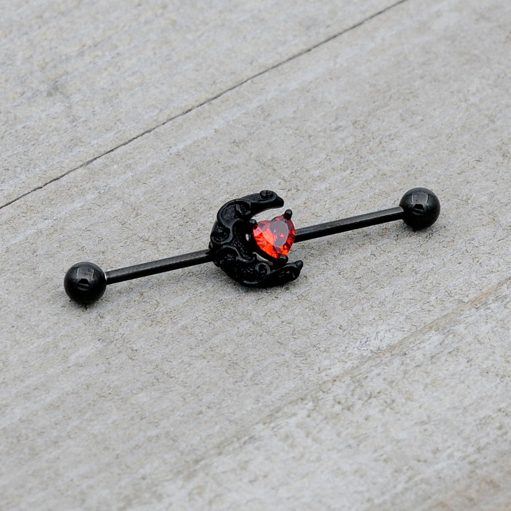 BodyCandy 14G Red CZ Gem Black Scroll Moon Heart Industrial Barbell 38mm — alternative angle