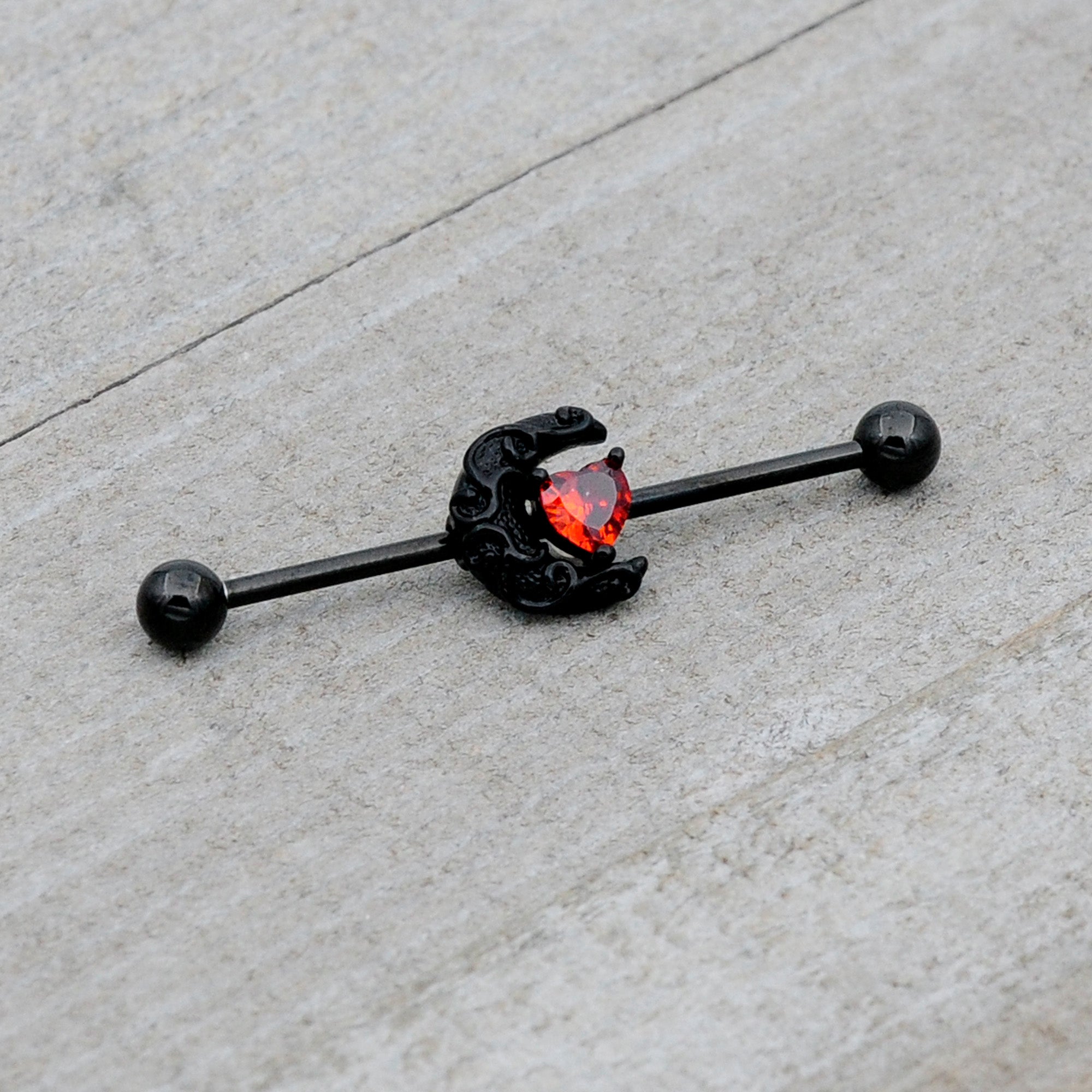 BodyCandy 14G Red CZ Gem Black Scroll Moon Heart Industrial Barbell 38mm — alternative angle