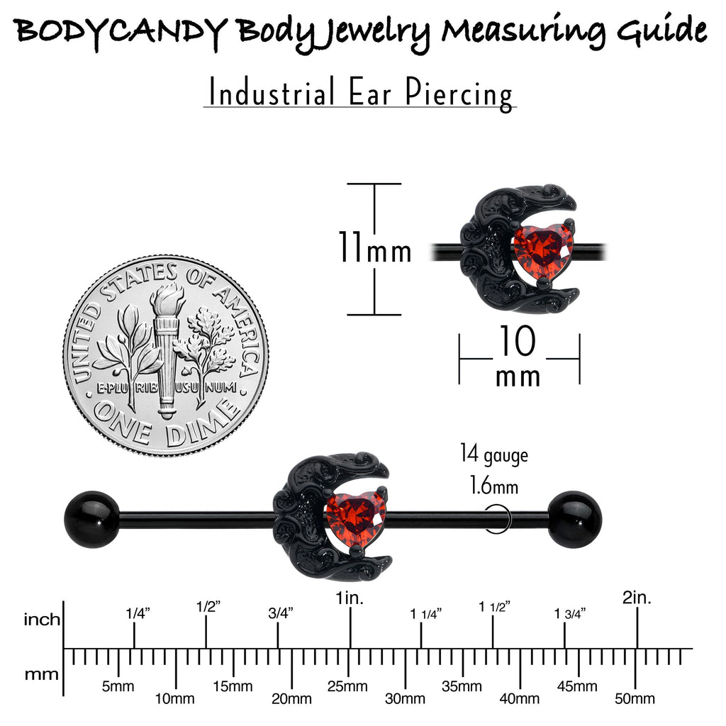 BodyCandy 14G Red CZ Gem Black Scroll Moon Heart Industrial Barbell 38mm — in-use photo