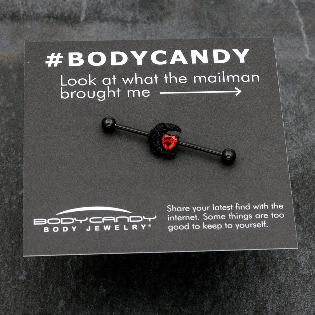 BodyCandy 14G Red CZ Gem Black Scroll Moon Heart Industrial Barbell 38mm — size reference