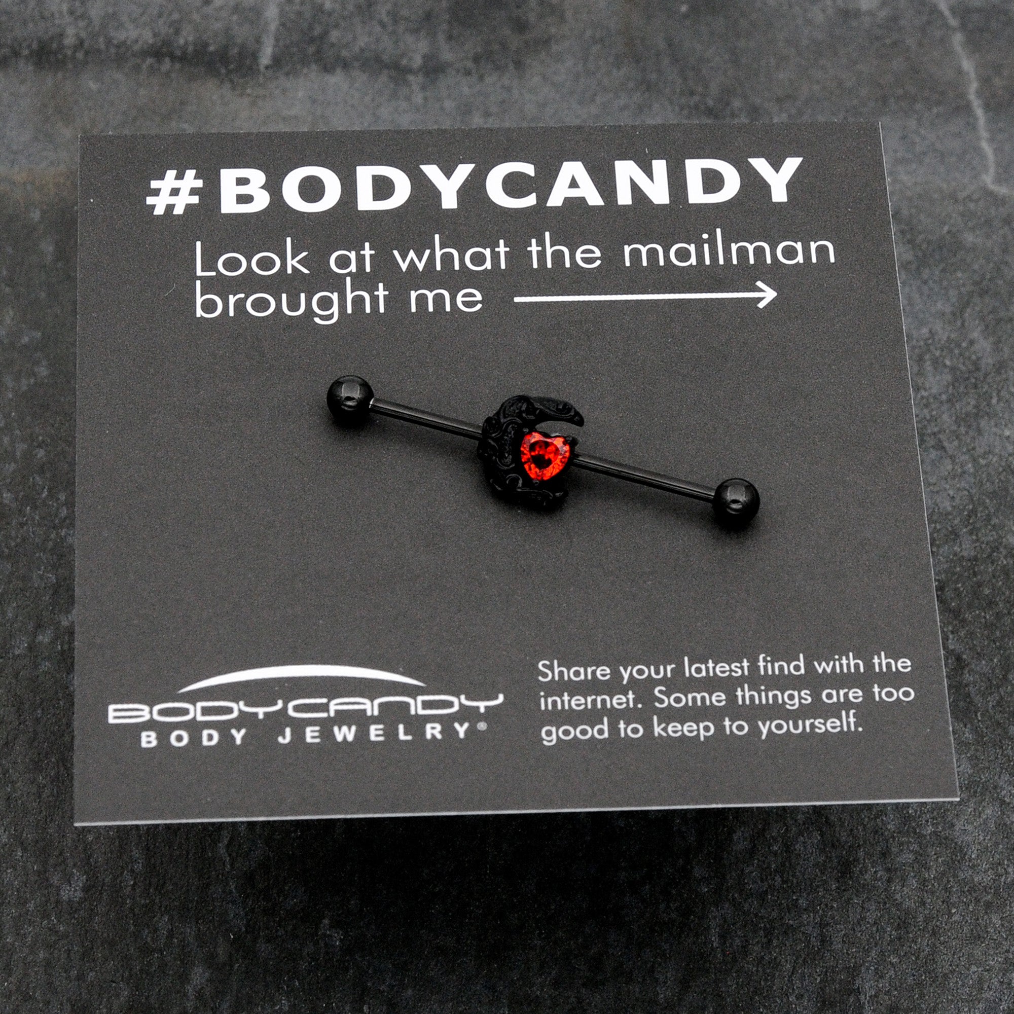 BodyCandy 14G Red CZ Gem Black Scroll Moon Heart Industrial Barbell 38mm — size reference