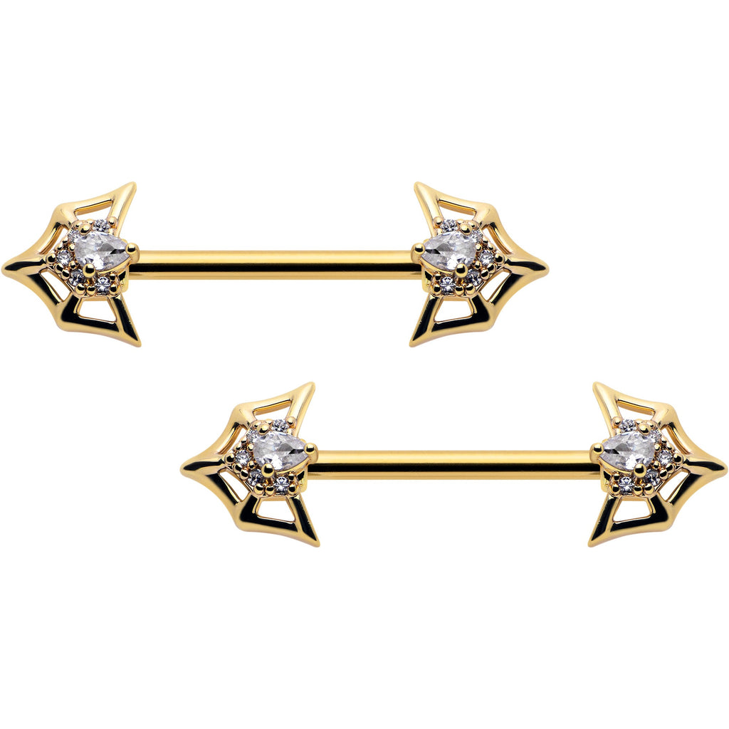 BodyCandy 14G 5/8 Clear Gem Gold Tone Spider Bat Barbell Nipple Ring Set — main product shot