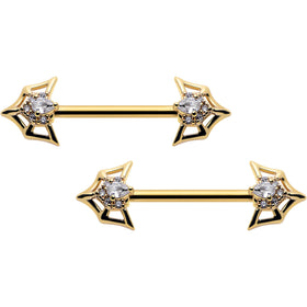14G 5/8 Clear Gem Gold Tone Spider Bat Barbell Nipple Ring Set