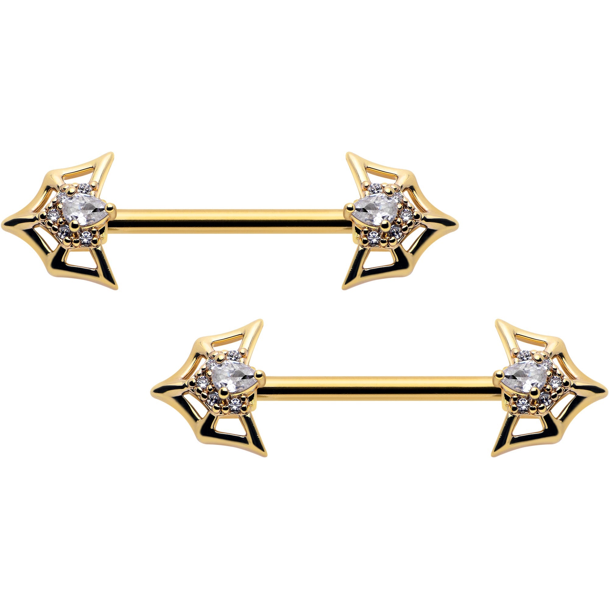 BodyCandy 14G 5/8 Clear Gem Gold Tone Spider Bat Barbell Nipple Ring Set — main product shot