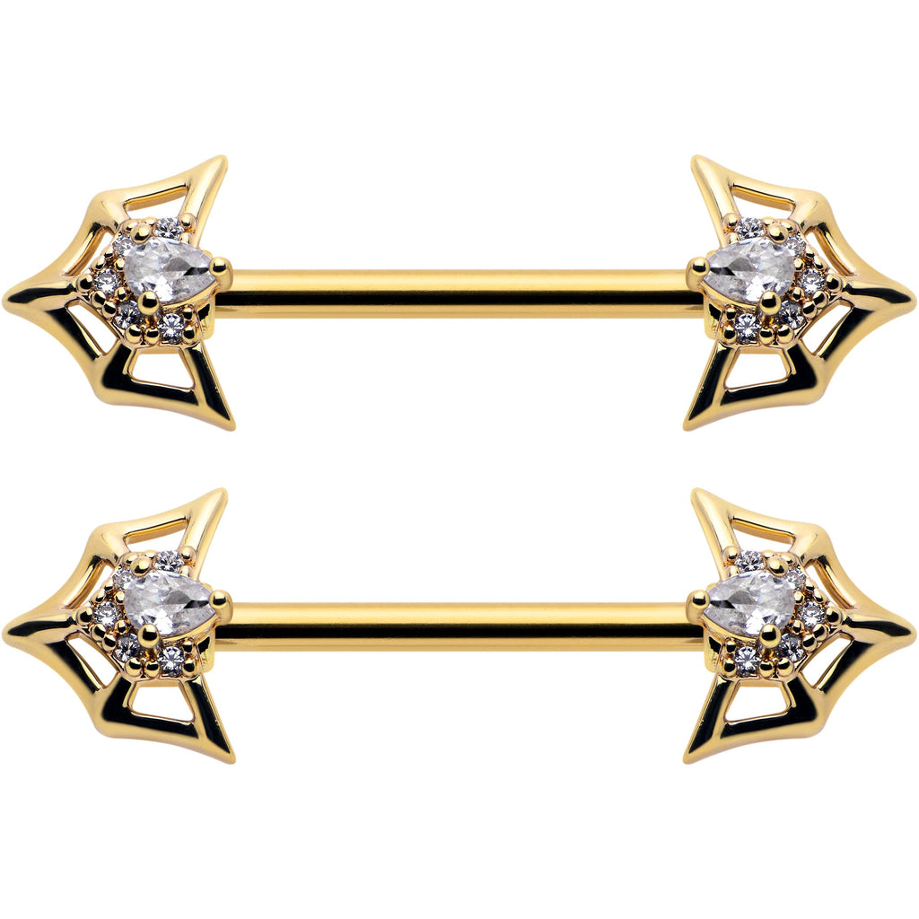 BodyCandy 14G 5/8 Clear Gem Gold Tone Spider Bat Barbell Nipple Ring Set — detail close-up