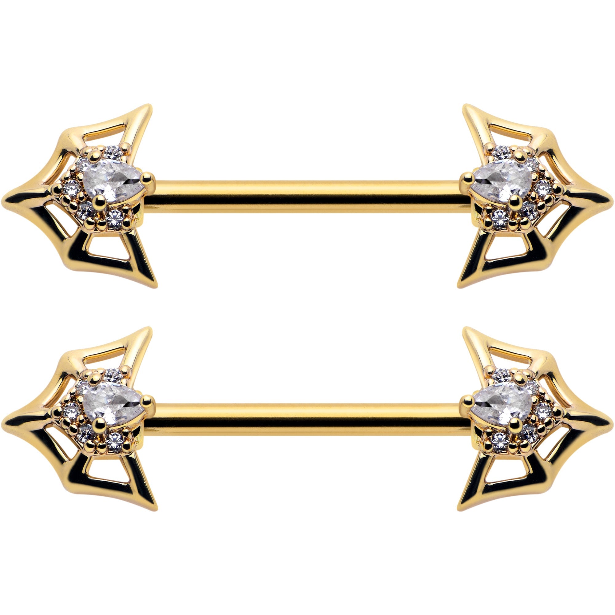 BodyCandy 14G 5/8 Clear Gem Gold Tone Spider Bat Barbell Nipple Ring Set — detail close-up