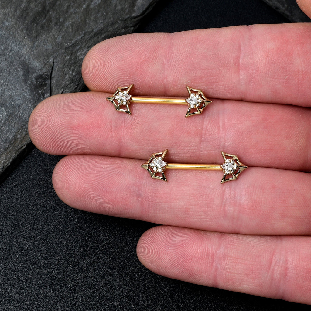 BodyCandy 14G 5/8 Clear Gem Gold Tone Spider Bat Barbell Nipple Ring Set — lifestyle context
