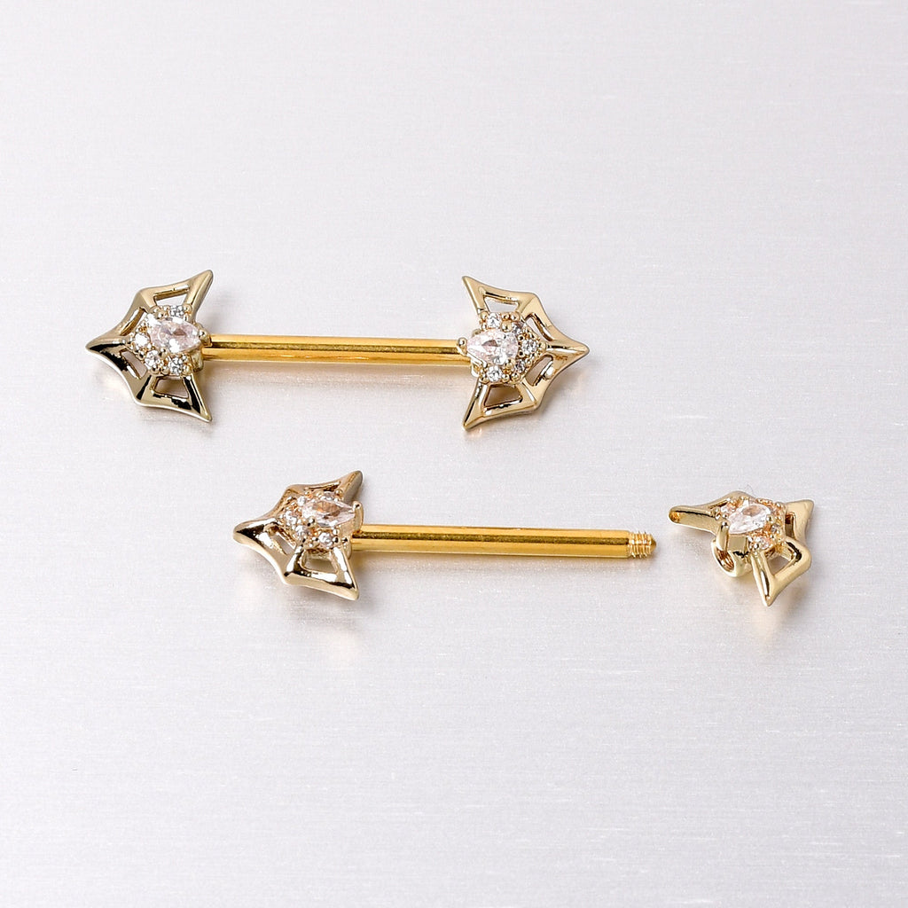 BodyCandy 14G 5/8 Clear Gem Gold Tone Spider Bat Barbell Nipple Ring Set — back view