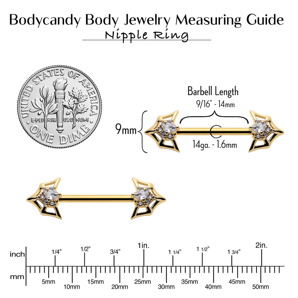 BodyCandy 14G 5/8 Clear Gem Gold Tone Spider Bat Barbell Nipple Ring Set — alternative angle