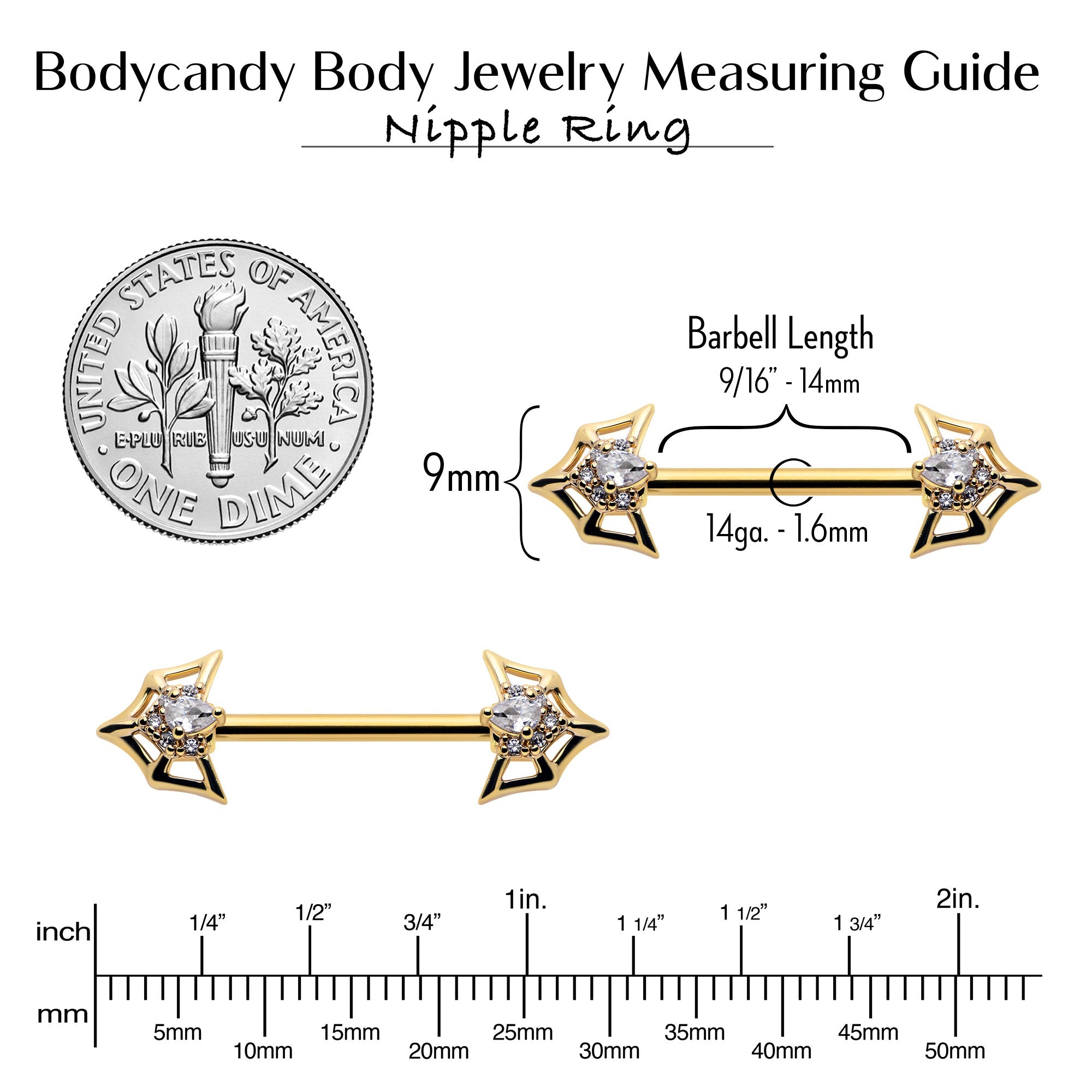 BodyCandy 14G 5/8 Clear Gem Gold Tone Spider Bat Barbell Nipple Ring Set — alternative angle