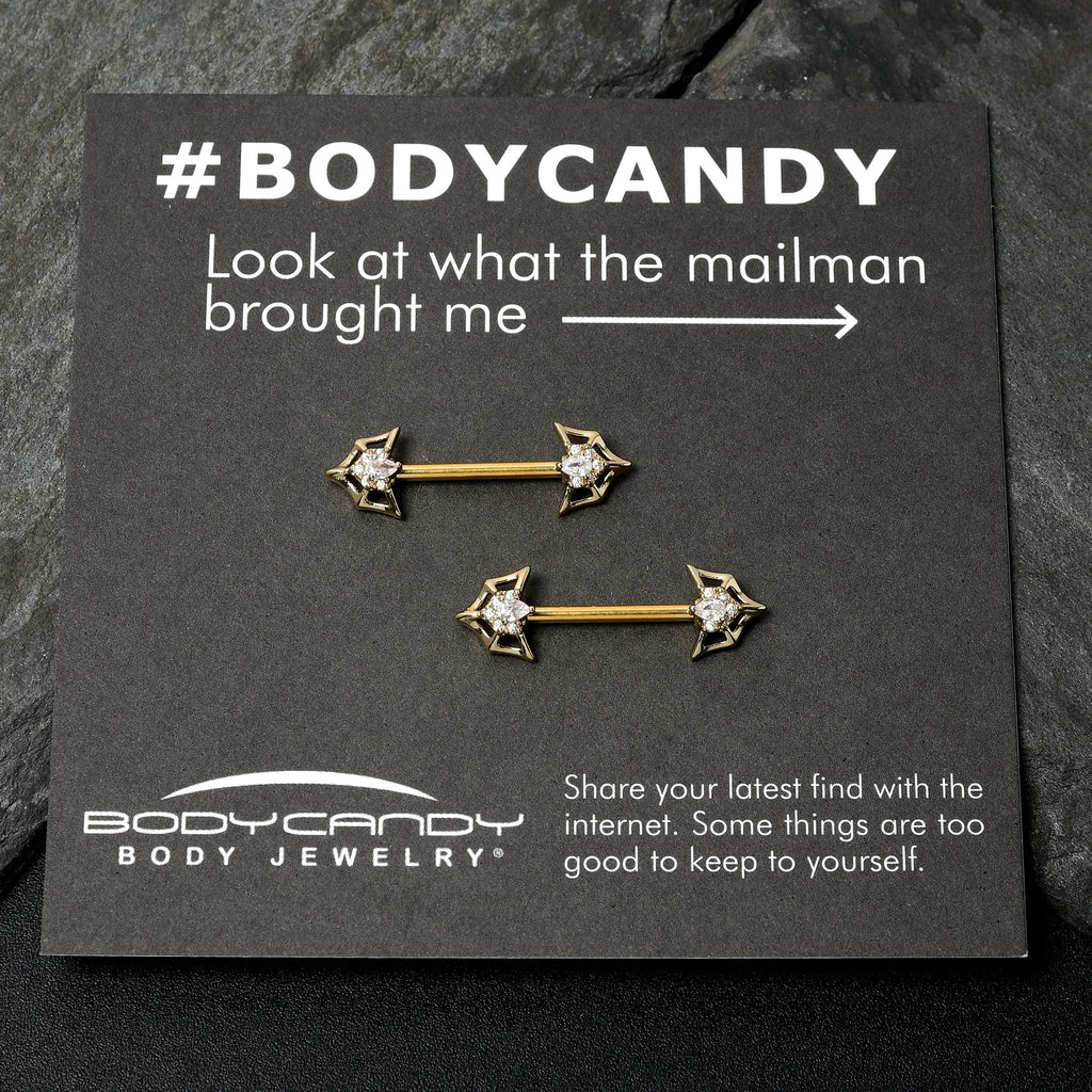 BodyCandy 14G 5/8 Clear Gem Gold Tone Spider Bat Barbell Nipple Ring Set — in-use photo