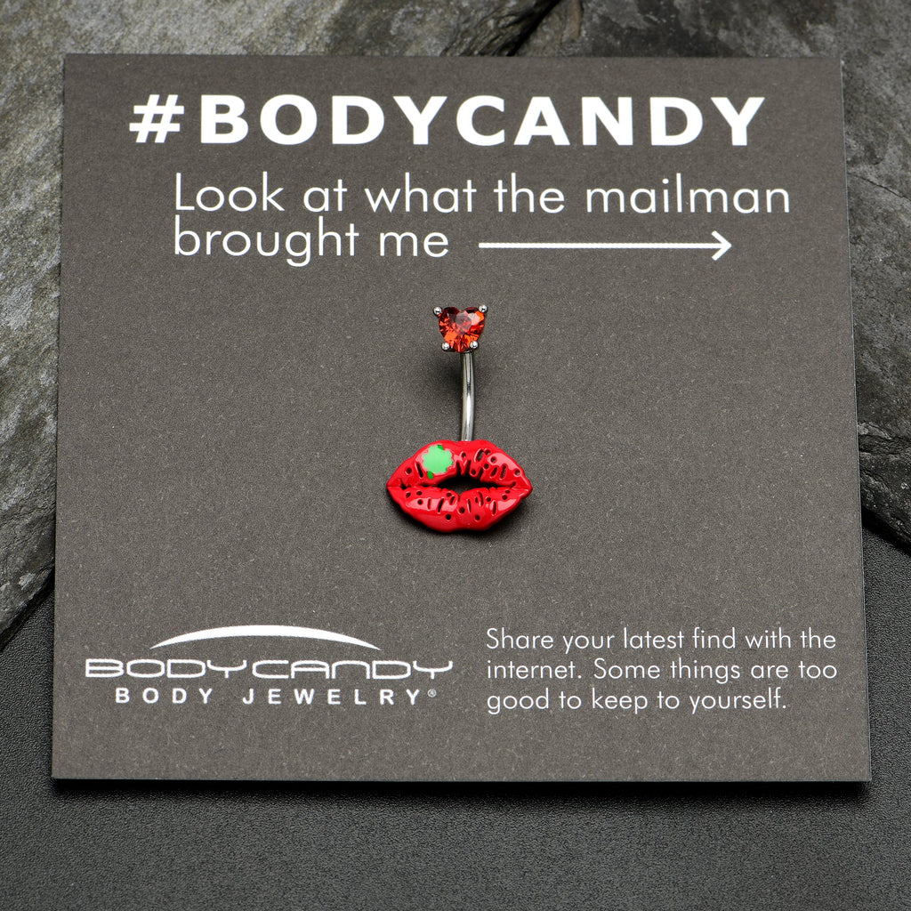 BodyCandy Red CZ Gem Lucky Lips St Patrick's Double Mount Belly Ring — side view