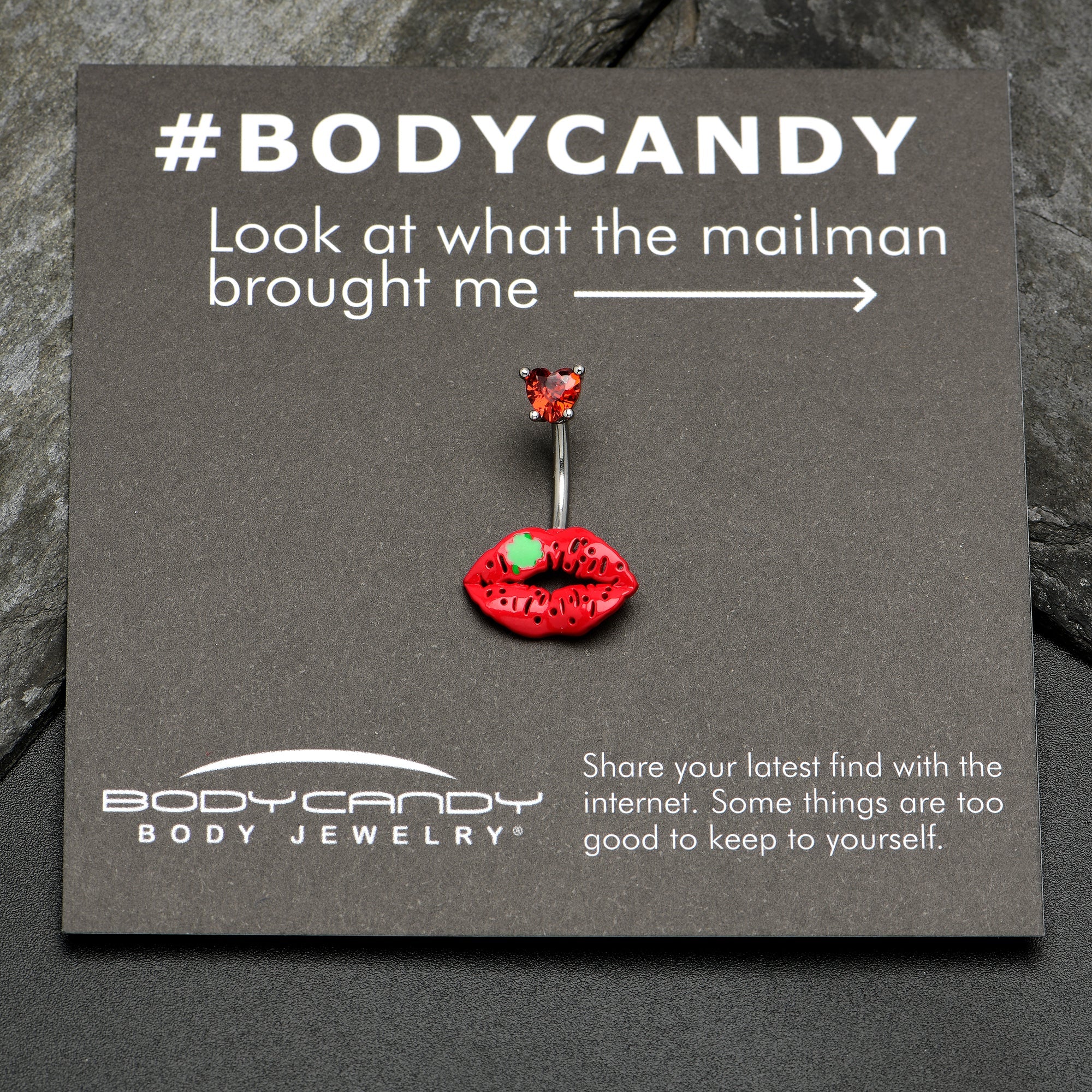 BodyCandy Red CZ Gem Lucky Lips St Patrick's Double Mount Belly Ring — side view