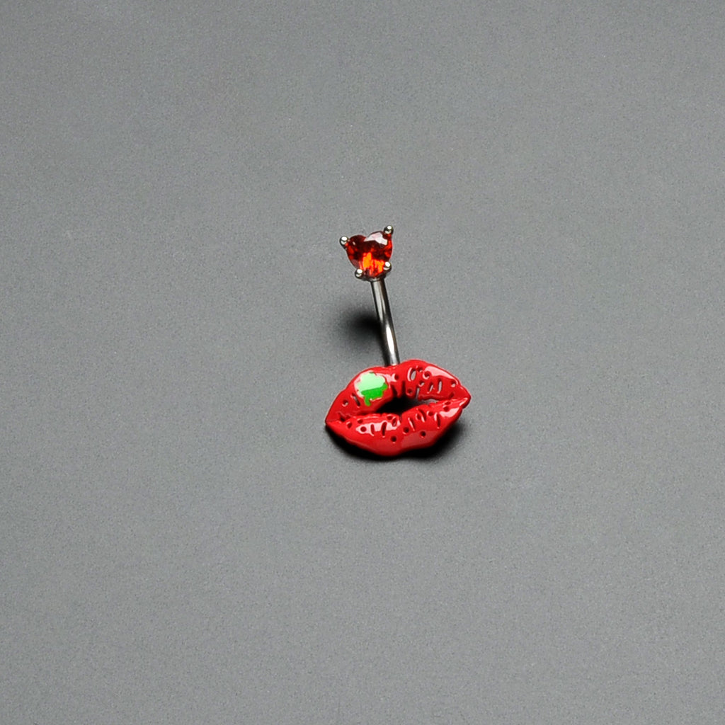 BodyCandy Red CZ Gem Lucky Lips St Patrick's Double Mount Belly Ring — in-use photo