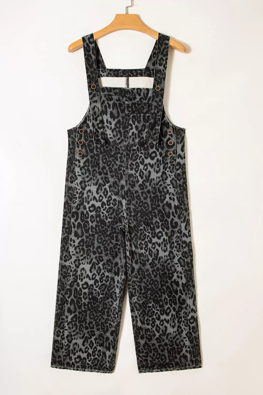 Leopard Print Button Adjustable Straps Cropped Loose Denim Overalls
