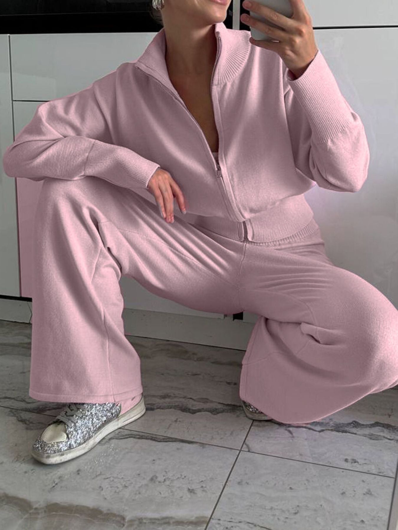 Zip Up Outerwear and Wide Leg Pants Set